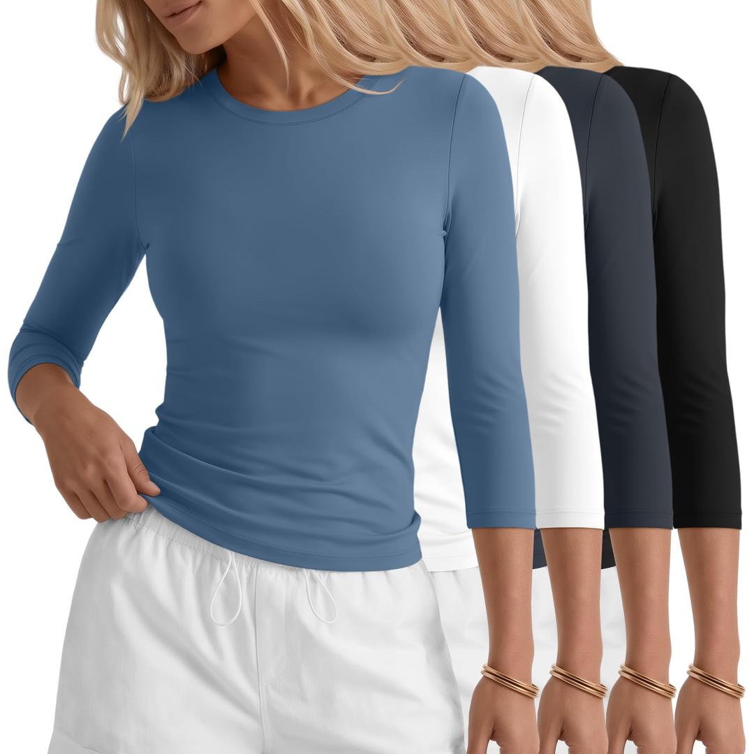 Neer 4 Pack Women's 3/4 Sleeve Workout Shirts, 4-Color Set, Medium