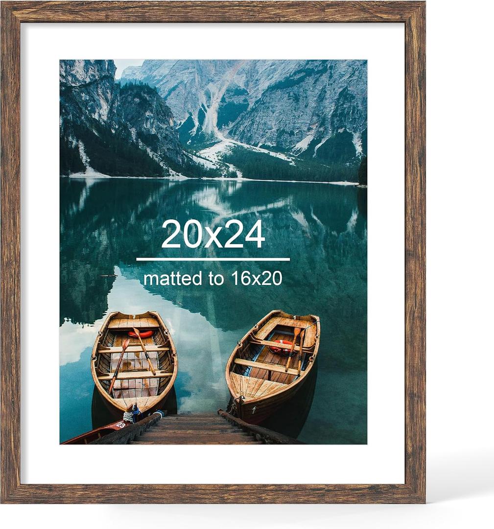 Hongkee 20x24 Picture Frame, Rustic Brown Wood Style, Wall Mounting | Display Posters 16 x 20 with Mat or 20 x 24 without Mat, 1 Pack for Photos, Artwork; Fits Home, Office & Gallery Wall Decor