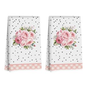 2Pcs Floral Kitchen Towels, Reusable Durable Microfiber Tea Towels for Kitchen Home Bathroom Decor, Vintage Plants Waffle Weave Dish Drying Towel, Flowers Gifts for Women Mom Friend, 24x14 Inch