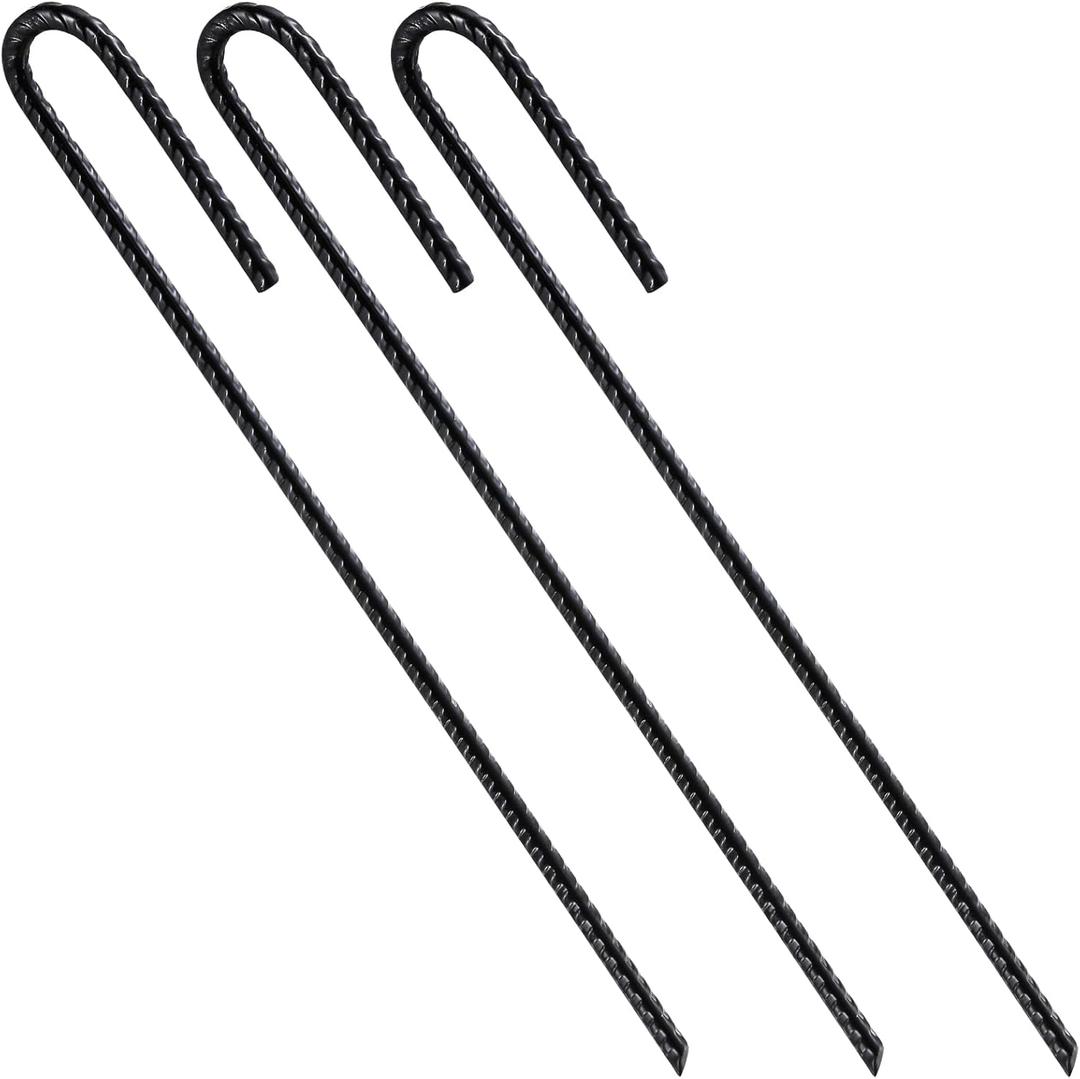Wensilon Rebar Stakes U/ J Hook Extra Heavy Duty, (50pcs) 12 inch x 1/ 4 inch Rust Proof Coated Steel Ground Stakes Ground Anchors, Garden Stake Metal Stakes Tent Stakes Trampoline Anchors (J-Hook)