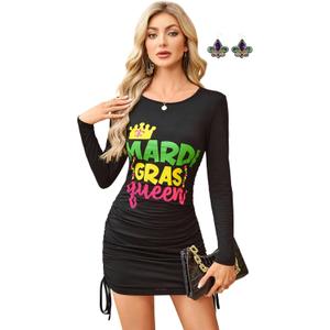 Women's Festival Dress - Crewneck Long Sleeve Adjustable Drawstring Mini Dress with Earrings (X-Large, Carvinal1)