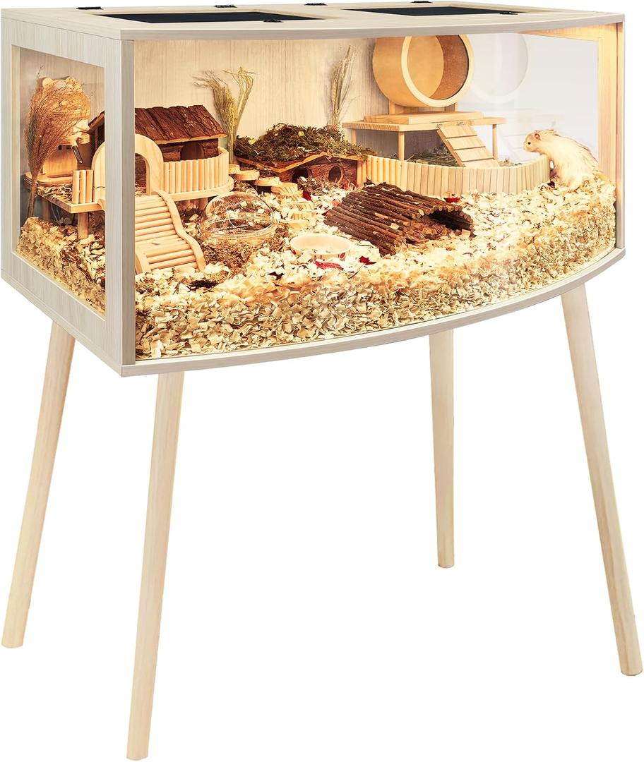 Prolee Hamster Cage with Curved Design,Chew Proof Wooden Hamsters Enclosure with Leg Stand and Openable Top or Gerbils,Hamster Habitat (40"x20"x20")