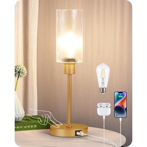 EDISHINE Glass Table Lamp, Touch Control Bedside Lamp with USB C+A Charging Ports, 3 Way Dimmable Nightstand Lamp for Bedroom Living Room Office, Striped Glass Shade, Gold