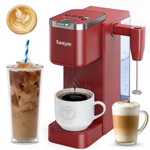 Single Serve Coffee Maker with Built-in Detachable Milk Frother, Iced and Hot Coffee Machine for K Cup & Grounds, 40oz Removable Water Reservoir, Fits 7.3" Travel Mug, Red