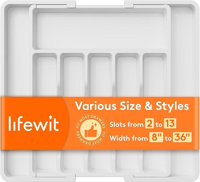Lifewit Silverware Drawer Organizer, Expandable Utensil Tray for Kitchen, BPA Free Flatware and Cutlery Holder, Adjustable Plastic Storage for Spoons Forks Knives, Large, White