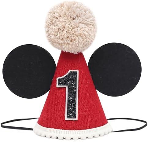 DSAANE Mouse 1st Birthday Hat - Mouse First Party Decorations,Mouse Ears Cake Smash Hat,Red Black Mouse Party Hat,One Birthday Photo Props (1st)