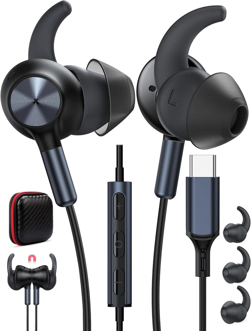 USB Type C Headphone 5FT Wired Earbuds Anti-Loose Wingtip Noise Canceling in-Ear Earphone with Mic for iPhone 17 Pro Max 16e 16 15 Plus School Corded Headset for iPad A16 Samsung A17 S25 S24 Pixel 10