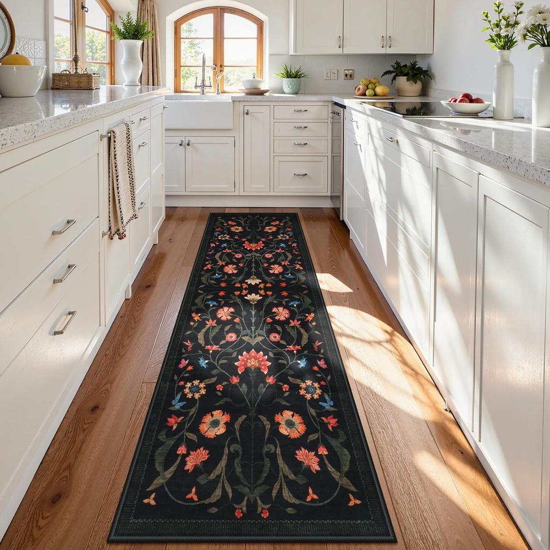 LIVEBOX Black Runners for Hallway - Boho Floral 2'6"x8 Washable Runner Rug, Non-Slip Kitchen Runner Rug, Soft Low-Pile Non-Shedding Carpet Runners for Hallway Entryway Bedroom Bathroom Farmhouse