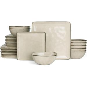 Famiware Square Ceramic Dinnerware Set for 8, Plates and Bowls, Light khaki