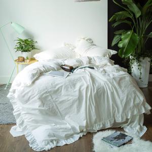SUSYBAO White Vintage Ruffle Duvet Cover Queen 100% Washed Cotton White Farmhouse Duvet Cover Set 3 Pieces 1 White Lace Duvet Cover with Zipper Ties 2 Pillow Shams Luxury Soft Shabby Chic Bedding Set