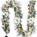 Valery Madelyn 9 Feet Pre-Lit Christmas Garland with Lights for Mantle, Lighted Outdoor Xmas Garland with White Gold Balls & Magnolia for Home Stairs Fireplace Table Centerpiece Indoor Holiday Decor