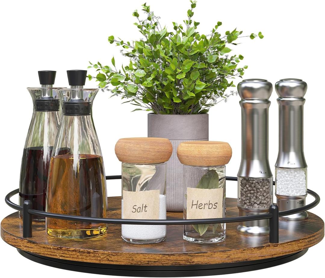 KOKSTOP Lazy Susan Organizer：12 Inch 360 Degree Rotating Spice Rack for Kitchen Countertop Round Lazy Susan Wood Turntable Holder for Cabinet Table– Black