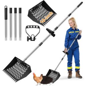 Chicken Poop Scooper for Sand 2-in-1 with Ergonomic Grip, 22 to 64" Adjustable Handle for Chicken Coop Scoop, Large 10 Inch Litter Sifting Shovel with Rake, Cleaning Tools for Coops & Animal Farm