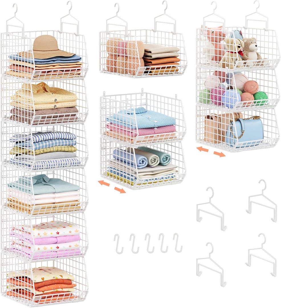 6 Tier Extended Depth Hanging Closet Organizer, Closet Storage Hanging Shelves with Hanging Hooks for Clothes Sweaters Towels Handbags, Stackable Metal Mesh Bins For Closet, Laundry, Bathroom, Dorm