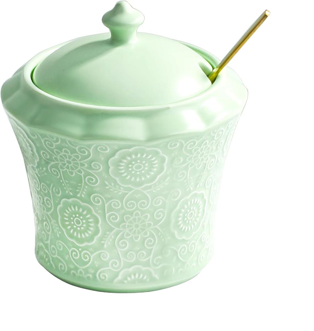13.5oz Sugar Bowl with Lid and Spoon Green Ceramic Sugar Creamer Container, Sugar Jar, Durable Sugar Pot for Coffee Bar Accessories, Coffee Bar Decor (Pink)