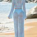 Saodimallsu Womens Crochet Swim Cover Up 2 Piece V Neck Long Sleeve Wrap Tie Crop Tops Beach Boho Maxi Coverup Set (Blue, S)