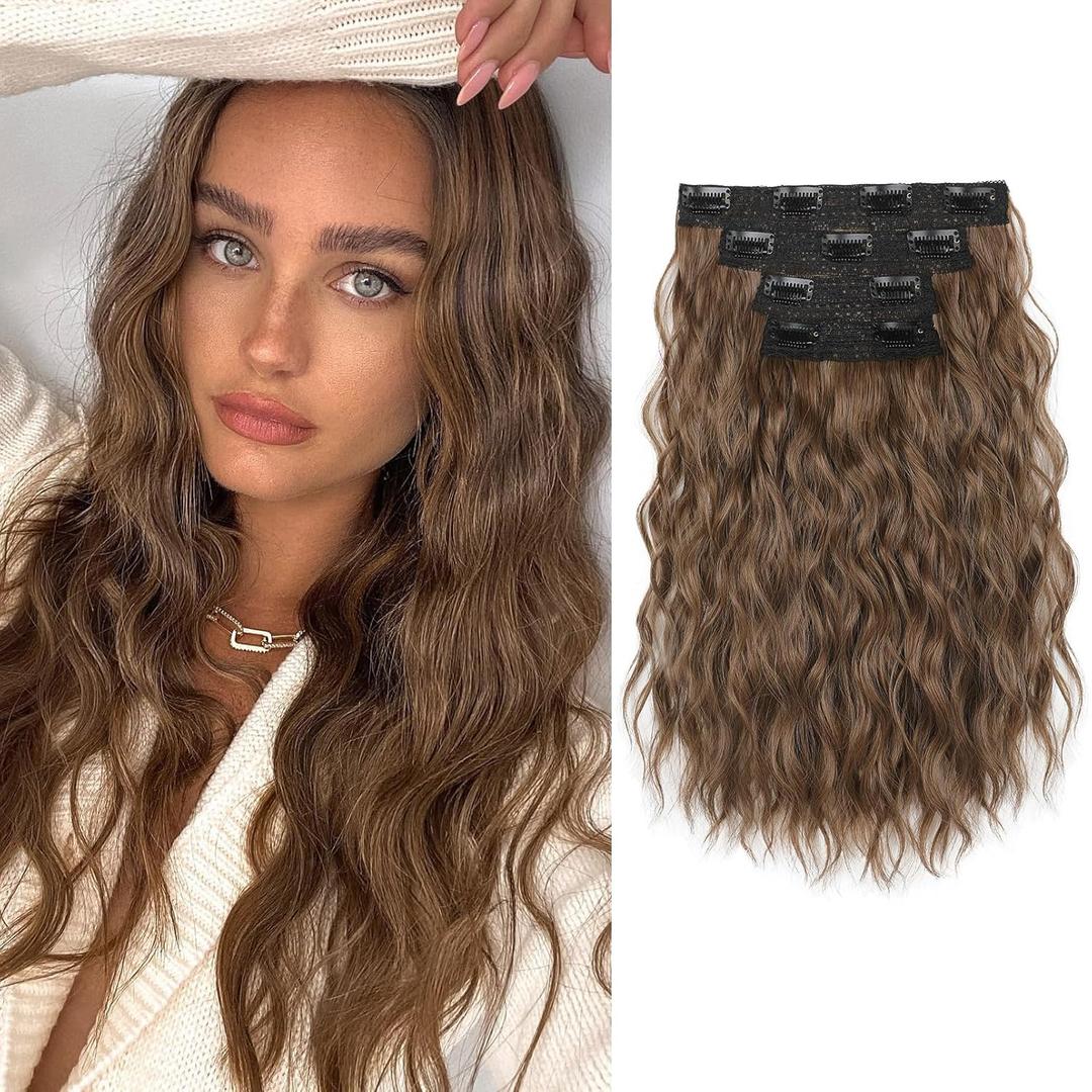 REECHO Clip in Hair Extensions, 4PCS 14" Short Wavy Hair Extensions Invisible Lace Weft Natural Soft Hairpieces for Women Light Brown