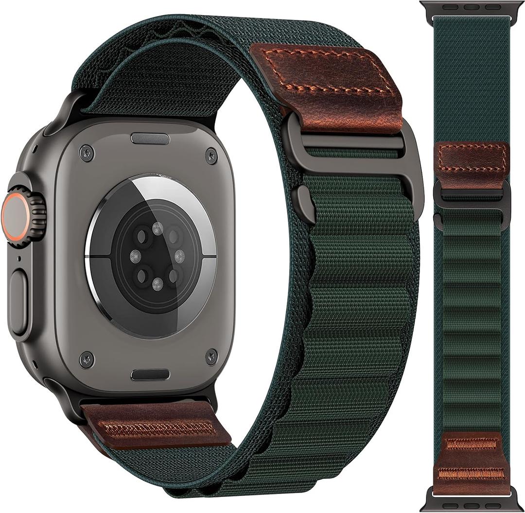 MRAIN-H Alpine Loop with Leather Design Compatible with Apple Watch Bands Ultra 3 2 1 (49mm) & Series 11 10 9 8 7 6 5 4 SE 3 2 1 (46mm 45mm 44mm), Soft Stretchy Nylon Sport Band for iWatch Men Women