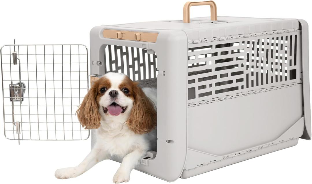 SportPet Designs Collapsible Small Pet Travel Carrier (Tan), Hard-Sided Kennel for Small Dogs, Puppies, Cats, Kittens, Animals up to 25lbs, Washable Home & Outdoor Pet Crate, 24.5"L x 16.5"W x 16"H