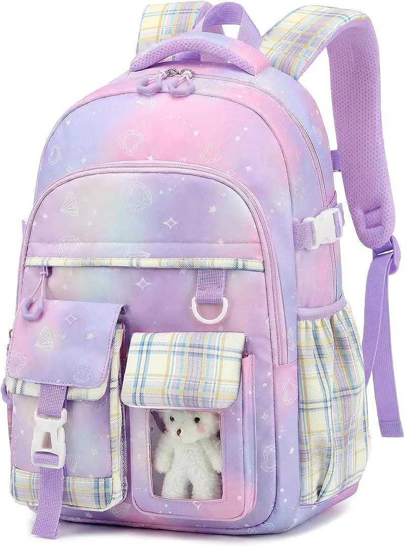 PRLINJSK Girls BackpackCute School Backpack for Girls Kids TeensKawaii Bookbag for Primary Elementary (Diamond Purple)