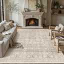 8x10 Beige Washable Neutral Area Rug Living Room Floral Non Slip Low Pile Large Rug Vintage Traditional Stain Resistant Distressed Carpet Bedroom Dining Room Office Playroom