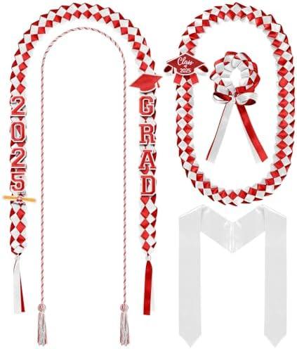 Canlierr 18 Pcs Graduation Leis and Stole and Honor Cords 2025 Braided Necklace Adjustable for Student Graduation Gifts Party Supplies(Red and White)