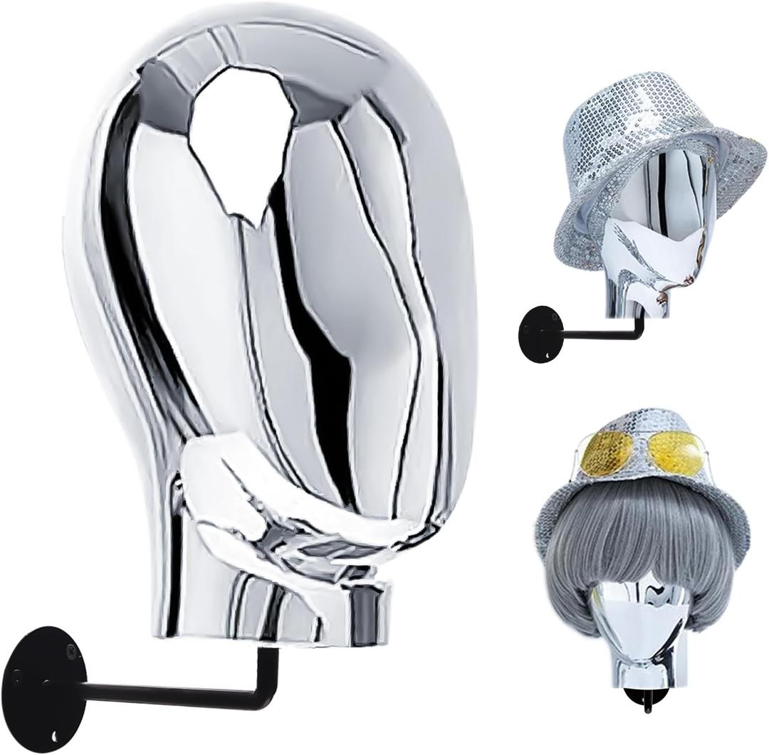 CHADWICK Hat Display Stand Wall Mount Chrome Wig Head Stand Stylish Mannequin Head Stand Durable Wig Holder for Hats, Wigs, Glasses, Luxury Look at Home, Salon, Head Swivels, 20'' Circumference