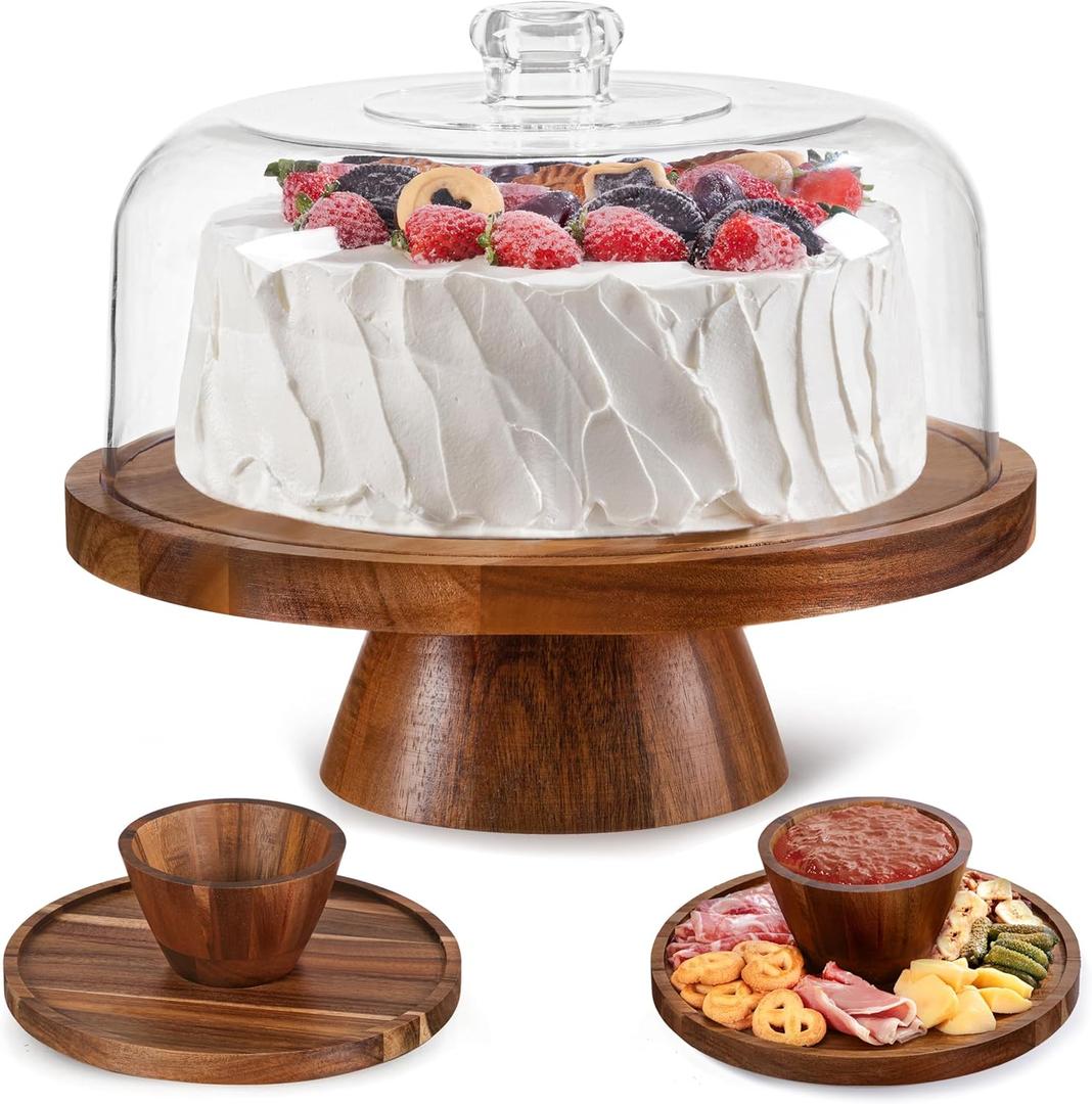 Farmyards Acacia Wood Cake Stand with Acrylic Dome Lid - 12in Acacia Wood 2-in-1 Footed Round Cake Holder, Cake Plate Display with Cover for Baking Gifts, Large Dessert Table Display Set & Charcuterie Board for Parties (2 in 1 Round)