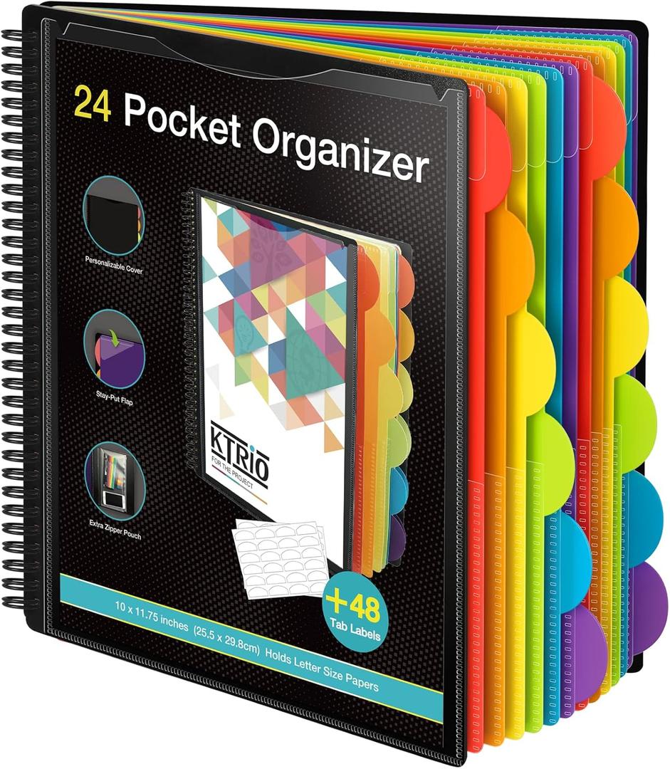 KTRIO 24 Pocket Poly Project Organizer, Spiral Binder Organizer Multi Pocket Folder with Dividers, Back Cover Utility Pouch, Letter Size School Supplies