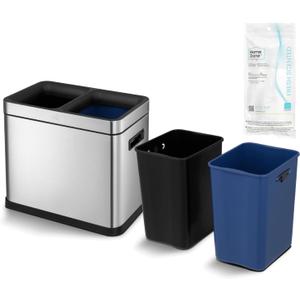 Home Zone Living 8 Gallon Slim Kitchen Trash Can with Dual Compartments for Recycling and Open Top for Commercial Use, Stainless Steel, Silver, 30 Liters Total