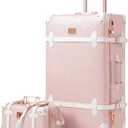 urecity 26" Vintage Luggage Set, 2 Piece Elegant Pink Retro Checked Suitcase with Cosmetic Case, Luxury Vegan Leather Aluminum Frame Spinner Trunk for Women (with Protective Clear Cover), 26"+12"