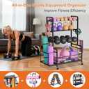 Dumbbell Rack, Adjustable Weight Rack for Home Gym Storage with 4 Wheels, Side Basket, Hooks, Multipurpose Metal Dumbbell Stand for Kettlebells, Yoga Gear, Strength Training Equipment, Black