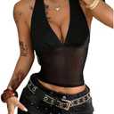 SweatyRocks Women's Sheer Mesh Fitted Halter Tops Backless Deep V Neck Party Going Out Top (M, Black)