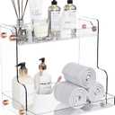 Bathroom Countertop Organizer, 2 Tier Clear Plastic Vanity Organizer with Adhesive Support, Space Saving Storage Shelf for Skincare, Perfume, Makeup and Daily Essentials