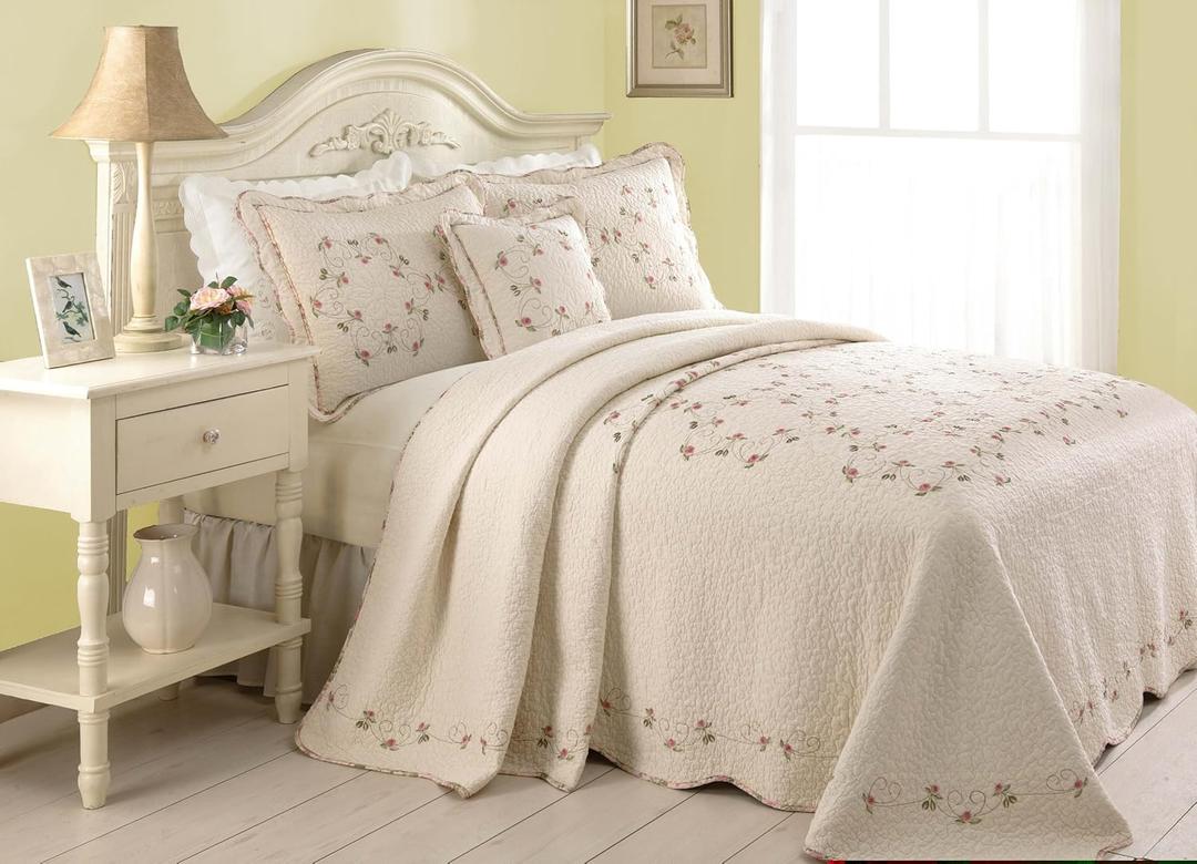 Felisa Floral Embroidered Quilted Bedspread, Lightweight All Seasons Vintage Bedding, Queen Size 102" W x 118" L, Pink/Ivory