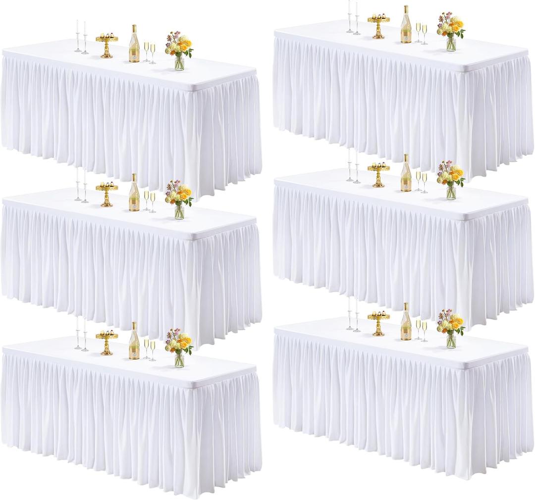 PARTISKY 6 Pack White Tablecloths for Rectangle Tables 6ft, Wrinkle Resistant White Table Cover Fitted Stretch Table Cloth with Pleated Ruffle Skirts for Party Banquet Dining Birthday Wedding, 72" x 30"