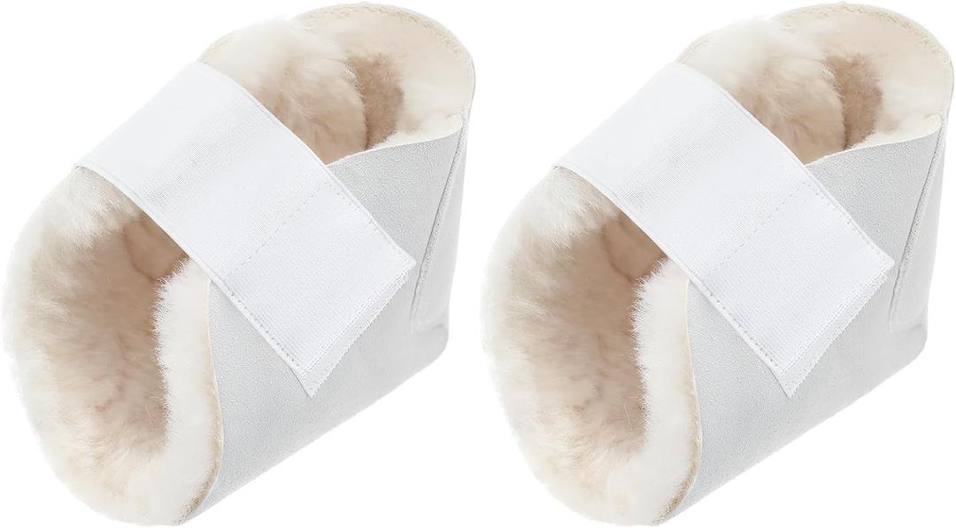 2 Pcs Heel Protectors for Pressure Sores Sheepskin Heel Pads Soft Foot Cushions Pad Heel Protectors Adjustable Foot Pillows with Securing Strap for Bed Sore Ankle Ulcers(White)