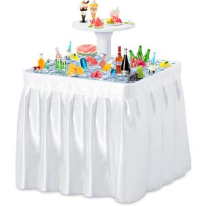 Haddockway Two-Tier Ice Cooler Table, Square Ice Tables for Parties with Drain, Removable Matching Skirt & Rounded Tray, Folding Outdoor Cooler Table for Picnic, Camping, Fishing, Wedding