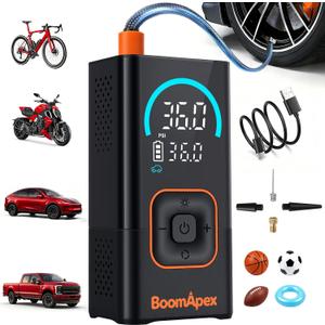 Tire Inflator Portable Air Compressor - Bike Pump with 2.88" Color Display, Real-Time Inflation Progress Bar, Air Pump with 0-150PSI Pressure Gauge, Memory Function & LED Light, Black Bike Accessories