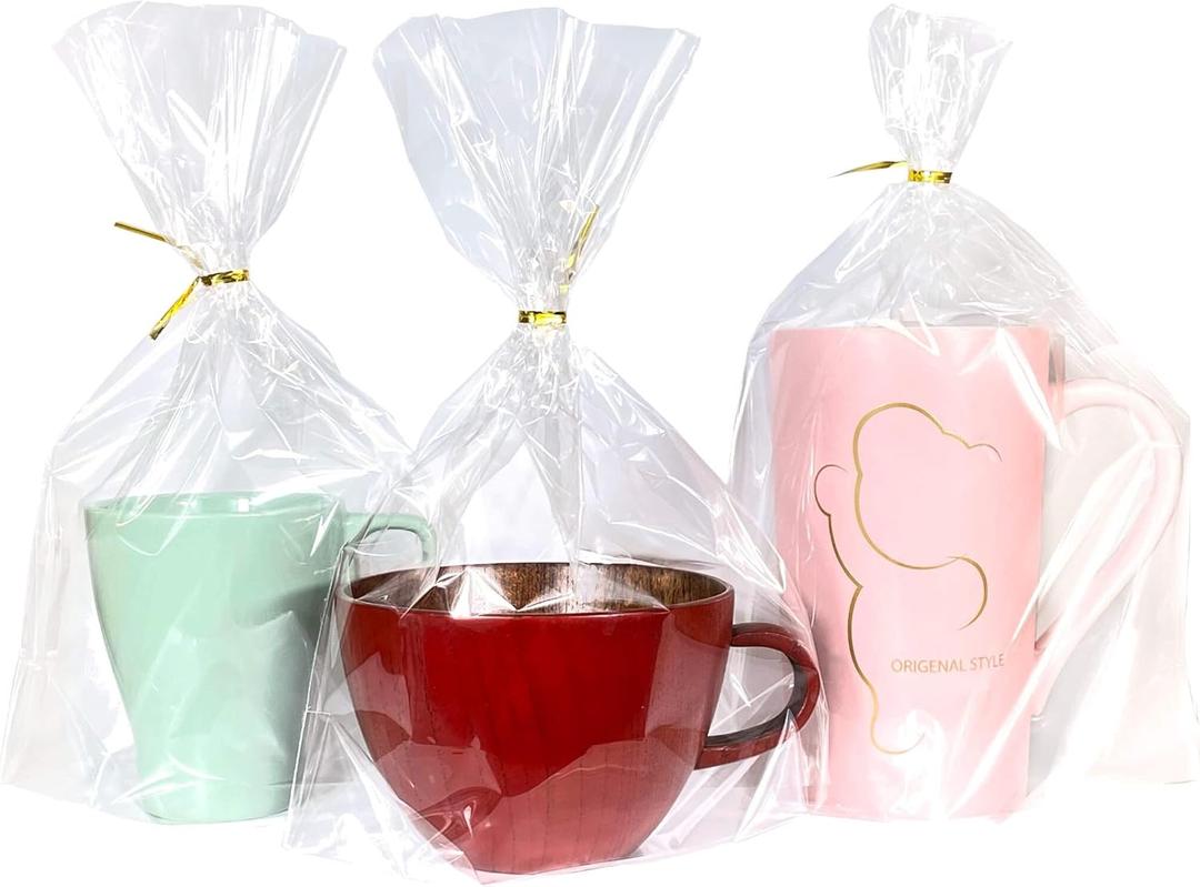 PigPotParty 8"x 11", 50Pcs Bottom Gusset Bags, Clear Cello Cellophane Treat Goodie Bags with 50x Twist Ties, Party Favor Packaging, Gift Mug Wrapping, Food Storage(No Side Gusset)