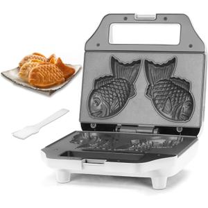 SugarWhisk Taiyaki Fish-shaped Waffle Maker, 2 Pcs Electric Japanese Fish Shaped Waffle Iron Pan, Dual Non Stick Cooking Plates, Recipe Included, White
