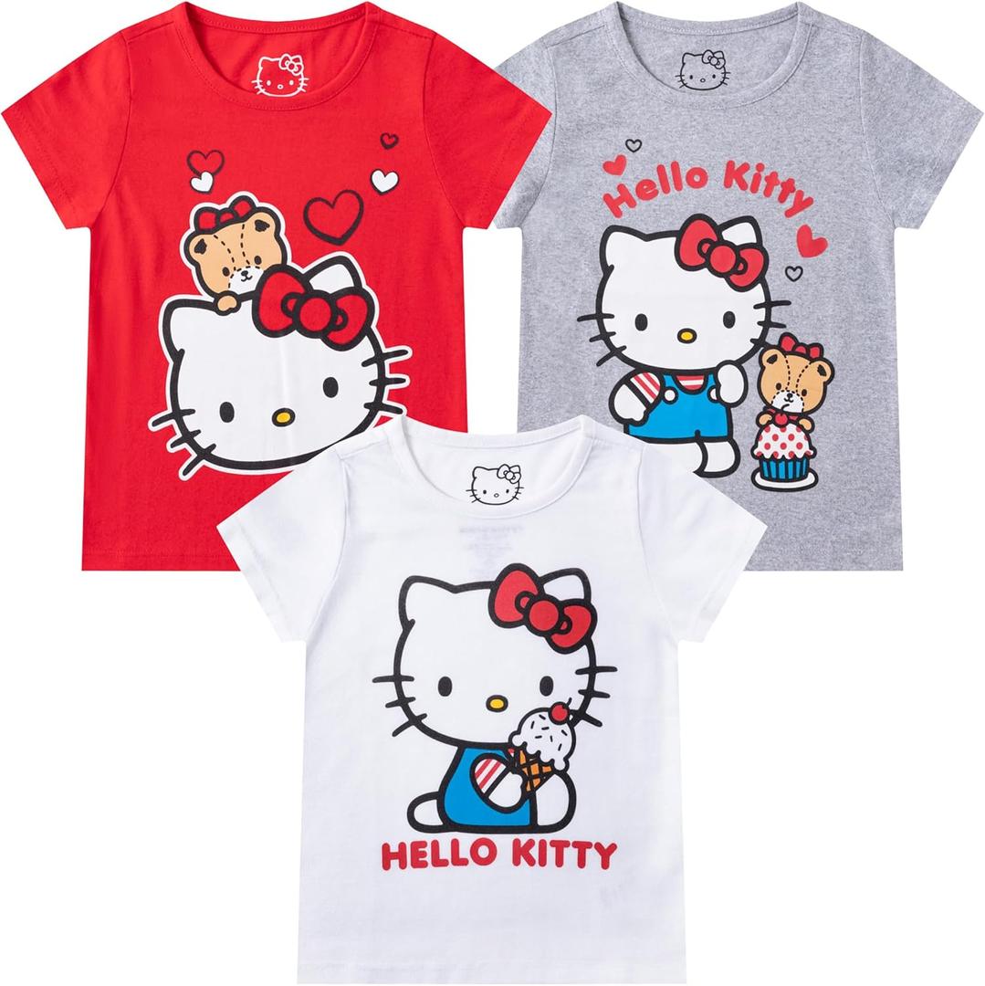 Hello Kitty Sanrio Girls 2 Pack Short Sleeve T-Shirt for Little and Big Kids (7, White/Red)