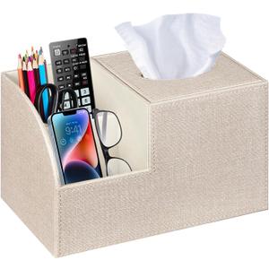 PU Leather Square Tissue Box Cover - Multi-Functional Tissue Box Holder, Tissue Box Cover with Storage ,Tissue and Remote Control Holder, Cube Tissue Box Organizer Bedroom Nightstand End Table (Beige)