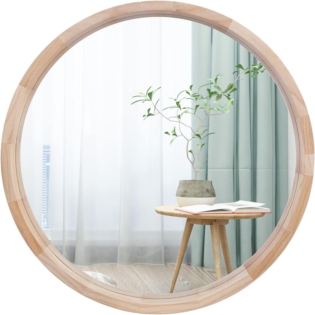 CONGUILIAO 24Inches Round Mirror Wood Wall Mirrors Decorative Circle Mirror, Nature Big Bathroom Large Vanity Mirrors for Living Room Bedroom Entryway Farmhouse (Natural)