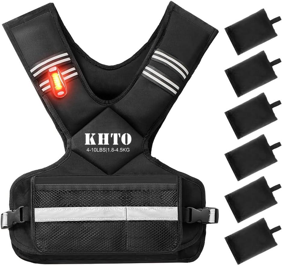 KHTO Adjustable Weighted Vest for Men and Women with Warning Light Reflective StripLarge Weight Vest for Exercise Set Cardio and Strength Training (4-10lb/11-20lb/20-32lb) (Black)