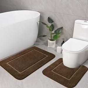 LOCHAS Bathroom Rug Set Light Brown, Soft Bath Rug Set 2 Piece Set, Toilet Mat U-Shaped 20x20 and 34x20 Bath Rugs, Quickly Dry Mats for Bathroom, Tub, Washable, Super Absorbent Floor Mat