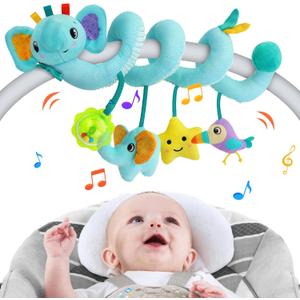 FPVERA Spiral Car Seat Activity Toy, Stroller Arch Baby Crib Hanging Toy with Rattle, Squeaky, Ringing Bell for Bassinet, Stroller, Crib for Infant Newborn Boy Girl Ages 0-12 Months (Blue Elephant)