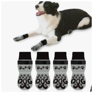 Anti Slip Dog Socks to Prevent Licking Paws Double Side Paw Covers Dogs Grip Sock for Hardwood Floors, No Twist Dog Booties Grippy Socks for Senior Dogs, Light Grey and Black, Large