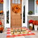 Fall Outdoor Rug Set, Hello Pumpkin Door Mat 28 x 43 in, 2 Pcs Welcome Mat Set, Orange and White Plaid Rug, Fall Front Porch Entryway Doormat Indoor Outdoor Decor, Thanksgiving Buffalo Plaid Mats (Hey There Pumpkin)