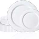 U-QE 60PCS White Plastic Plates - Fancy Beaded Plates Disposable Heavy Duty - Premium Hard Plastic Plates for Party, Wedding & Birthday Including 30 Dinner Plates 10" & 30 Dessert Plates 7"